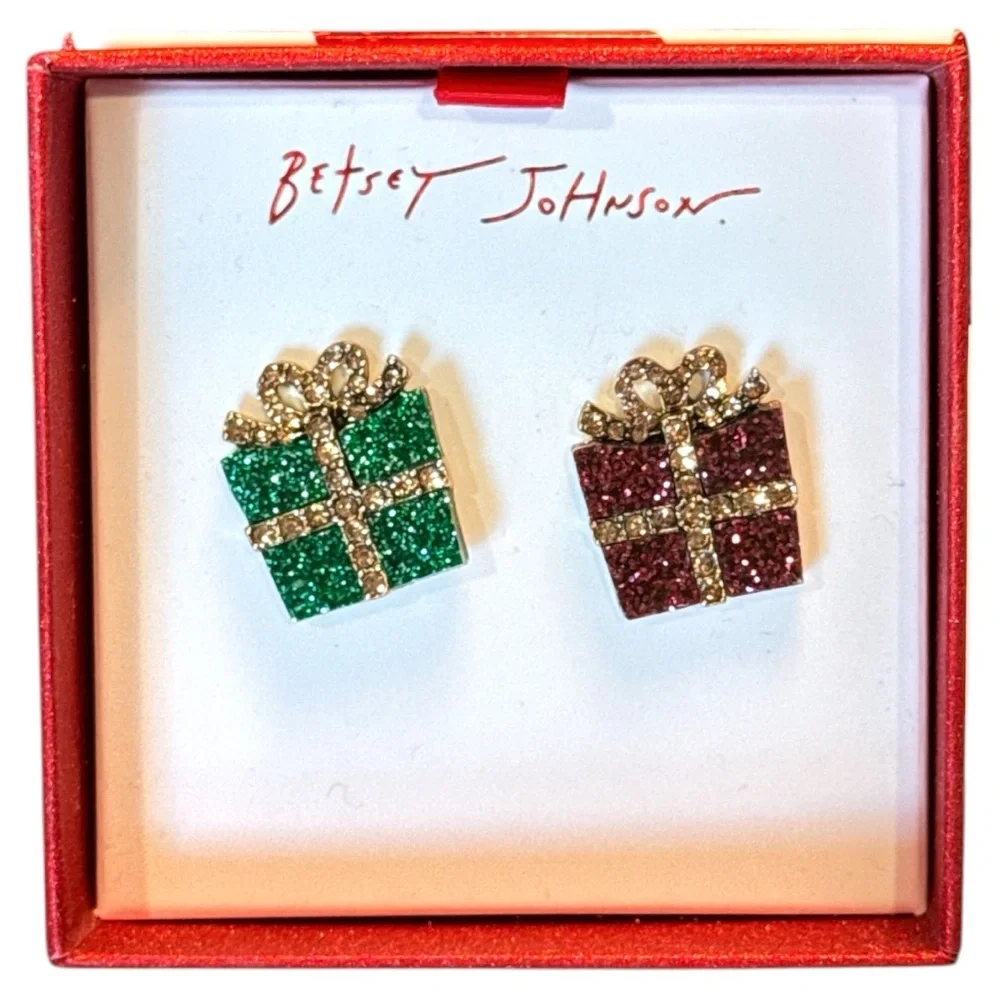Betsey Johnson Christmas Present Gift Rhinestone Stud Earrings Red Green Gold